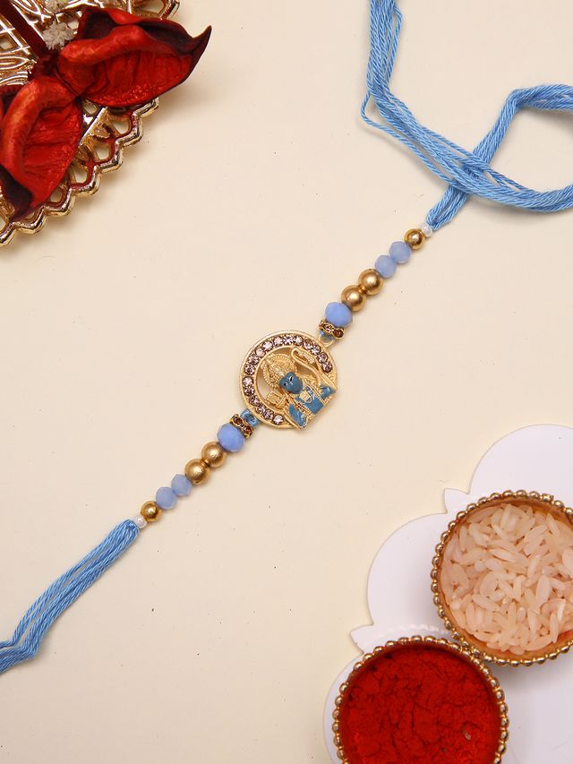 Ethnik Handmade Ram Rakhi With Sky Blue Thread And Golden Beads (Rakhi is included with Roli Chawal & Greetings Card)