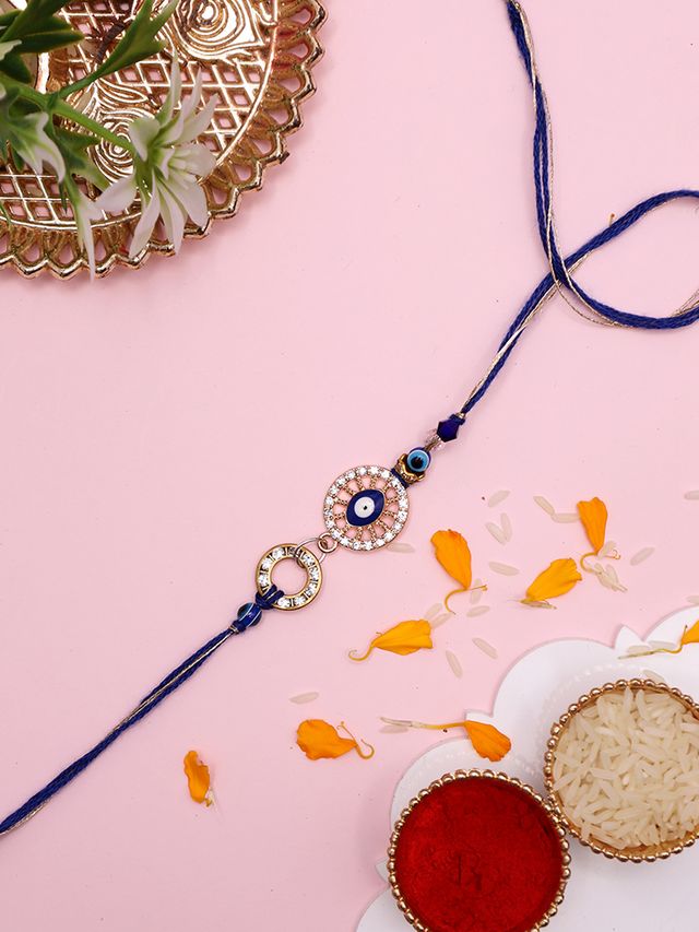 Minimal Designer Nazar Rakhi with Double Circle Crystal Detailing (Rakhi is included with Roli Chawal & Greetings Card)