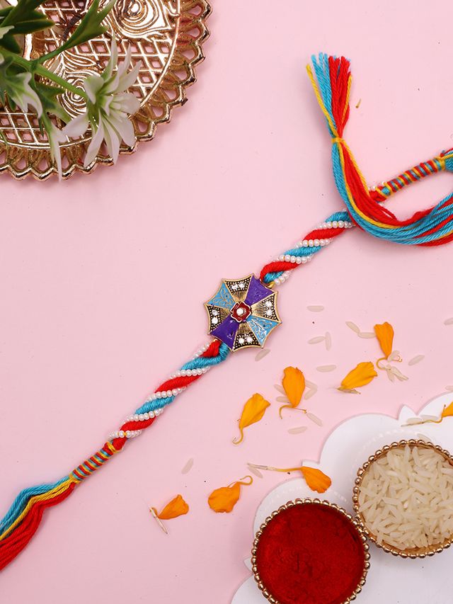 Handcrafted Mosaic Star Rakhi with Vibrant Thread Weave (Rakhi is included with Roli Chawal & Greetings Card)