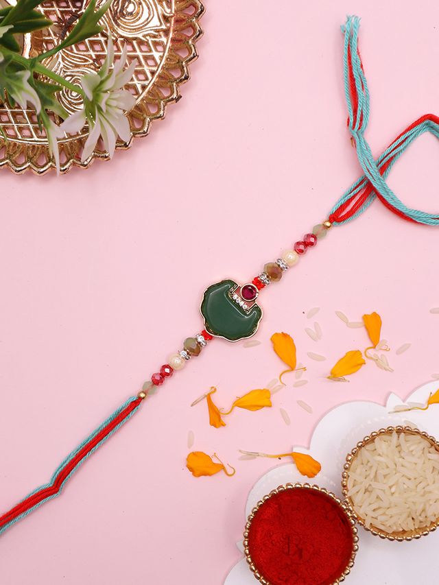 Handcrafted Beads Rakhi with Traditional Green Enamel and Stone Work (Rakhi is included with Roli Chawal & Greetings Card)