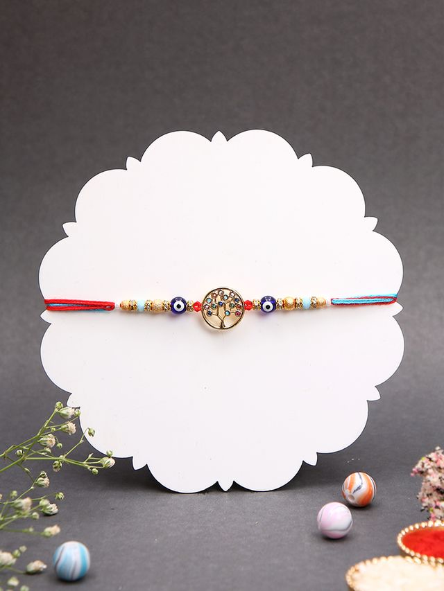 A More Elegant Rakhi with Tree of Life Motif, Embellished with Colorful Stones and Beads (Rakhi is included with Roli Chawal & Greetings Card)
