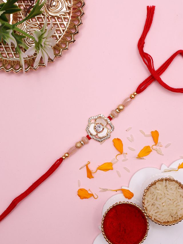 Traditional Handmade Flower Rakhi with Pearl Accents and Golden Touch (Rakhi is included with Roli Chawal & Greetings Card)