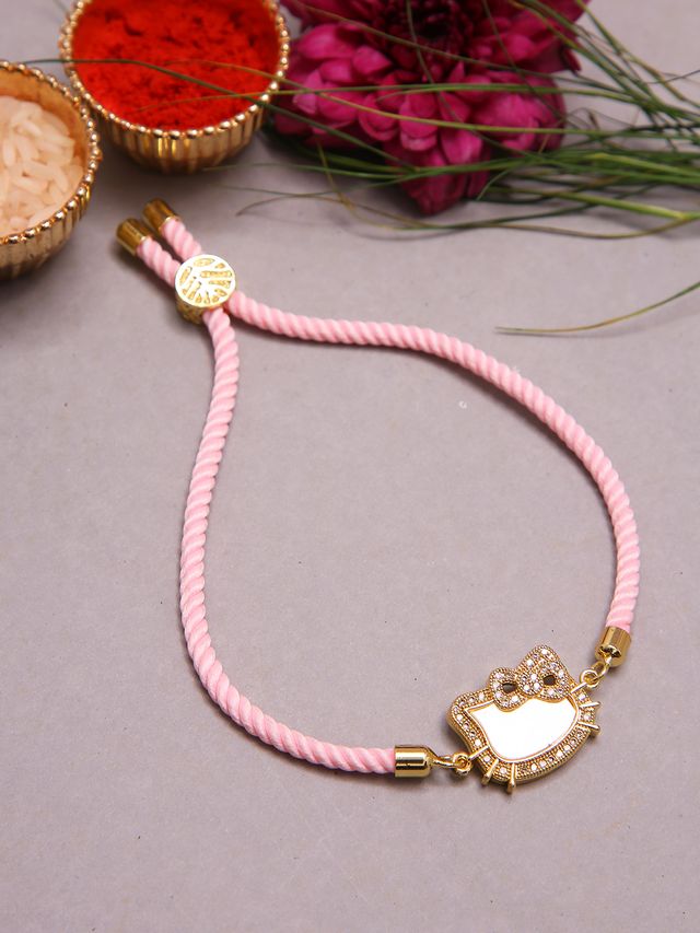 Playful Designer Rakhi With Pink Cord And Embellished Hello Kitty Motif (Rakhi is included with Roli Chawal & Greetings Card)