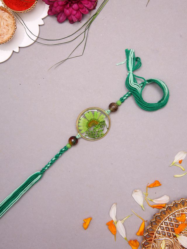 Nature Inspired Green Resin Rakhi With Leafy Motif And Silk Thread Accent (Rakhi is included with Roli Chawal & Greetings Card)