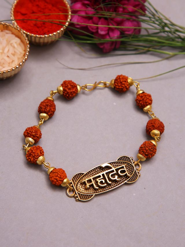 Traditional Mahadev Rudraksha Rakhi With Gold Accents And Spiritual Charm (Rakhi is included with Roli Chawal & Greetings Card)