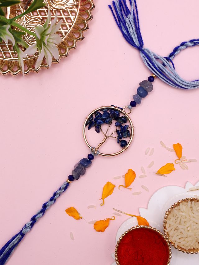 Tree of Life Rakhi with Royal Blue Amethyst Stone and Artistic Frame (Rakhi is included with Roli Chawal & Greetings Card)