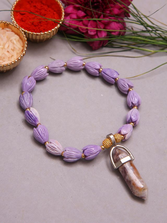 Designer Spiritual Rakhi Bracelet With Tulsi Style Beads And Healing Pendant (Rakhi is included with Roli Chawal & Greetings Card)