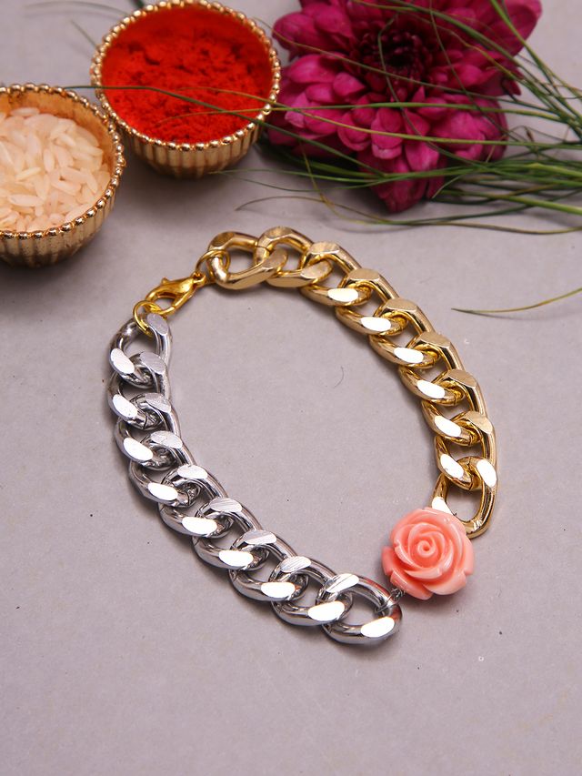 Chunky Chain Bracelet Rakhi With Dual Tone Finish And Pink Rose Accent (Rakhi is included with Roli Chawal & Greetings Card)
