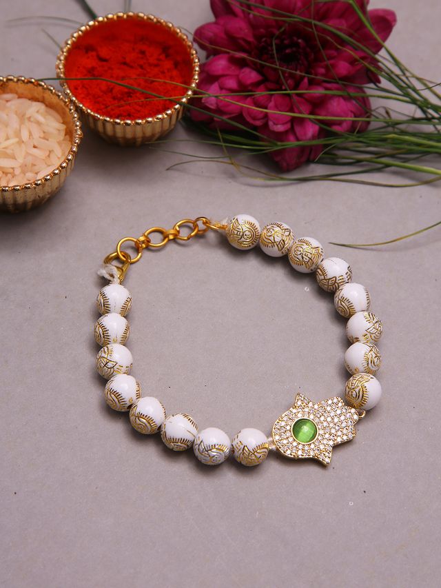 Handcrafted Protective Hamsa Rakhi With Pearl Finish Beads And Healing Stone (Rakhi is included with Roli Chawal & Greetings Card)