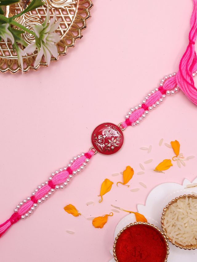 Handcrafted Shree Motif Rakhi with Ornate Threadwork in Pink (Rakhi is included with Roli Chawal & Greetings Card)