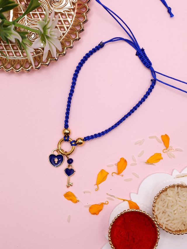 Adjustable Beaded Bracelet Rakhi with Heart Lock Motif (Rakhi is included with Roli Chawal & Greetings Card)
