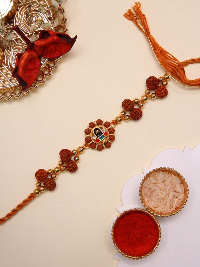 Handcrafted Ethnik Rakhi With Shivling Motif And Sacred Rudraksh Beads (Rakhi is included with Roli Chawal & Greetings Card)