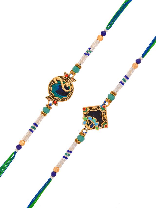 Ethnic Enamel Rakhi Pair with Meenakari Look and Pearl Beads (Rakhi is included with Roli Chawal & Greetings Card)