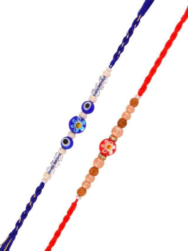 Tribal Inspired Rakhi Set With Evil Eye And Ethnic Red Beaded Charm (Rakhi is included with Roli Chawal & Greetings Card)