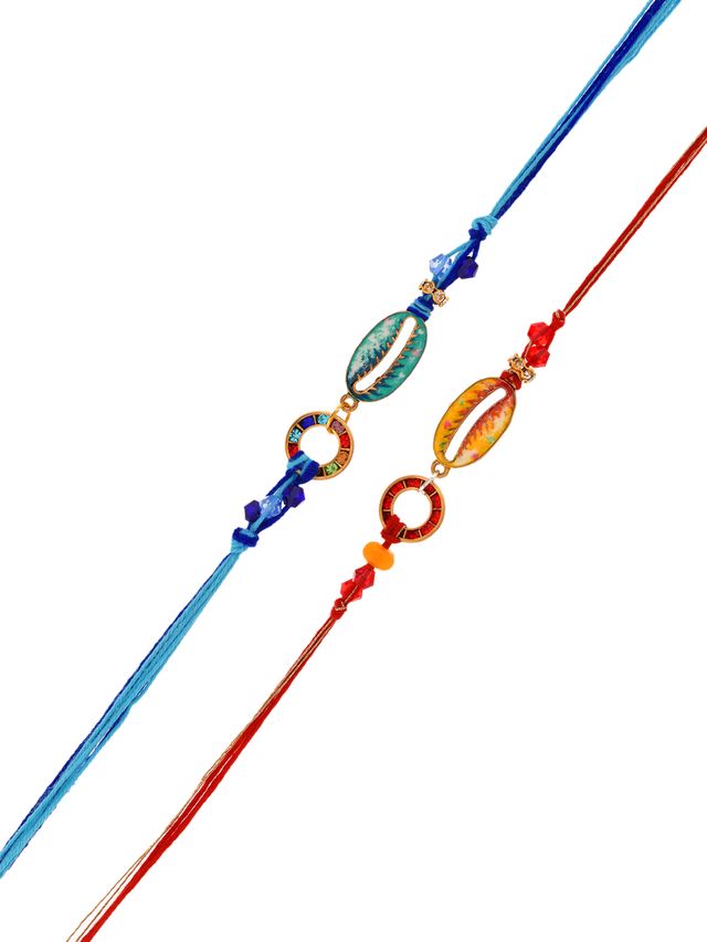 Handcrafted Rakhi Set with Ethnic Cowrie Shell Design and Vibrant Colours (Rakhi is included with Roli Chawal & Greetings Card)