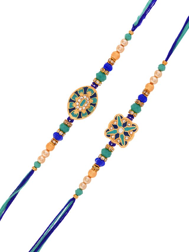 Set Of 2 Designer Stone Studded Rakhis With Floral Motifs And Blue Beads (Rakhi is included with Roli Chawal & Greetings Card)