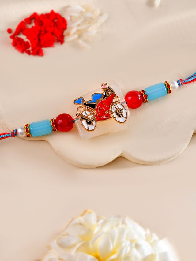 Red and Blue Bike Rakhi for Kids with Beaded Strap (Rakhi is included with Roli Chawal & Greetings Card)