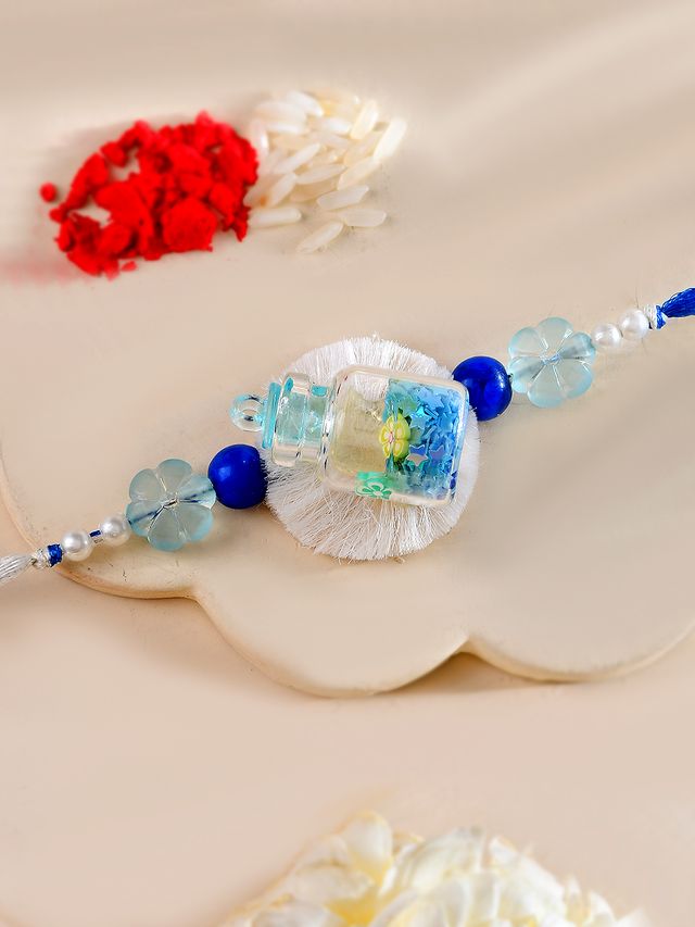 Mini Jar Kids Rakhi with Glitter Stars and Floral Beads (Rakhi is included with Roli Chawal & Greetings Card)