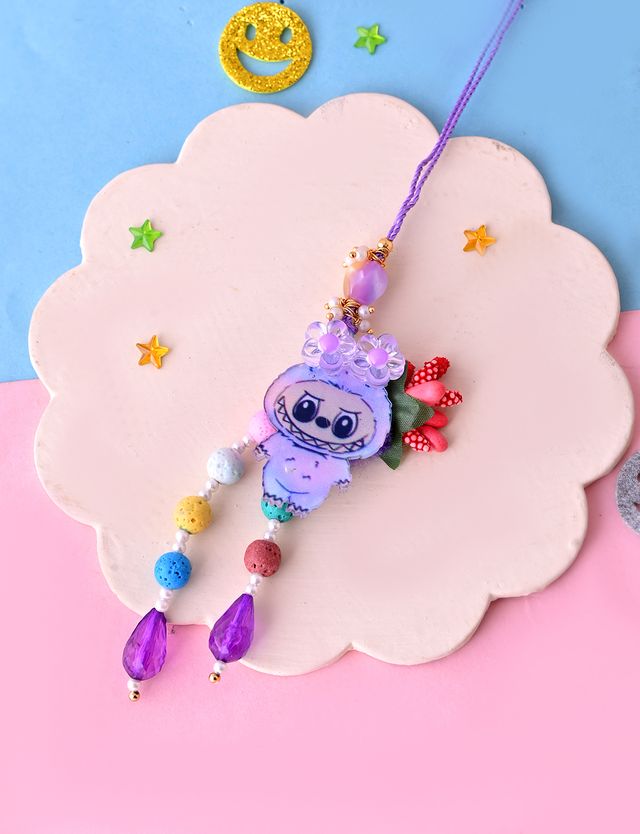 LOBOBO Purple Cartoon Beaded Charm (Rakhi is included with Roli Chawal & Greetings Card)