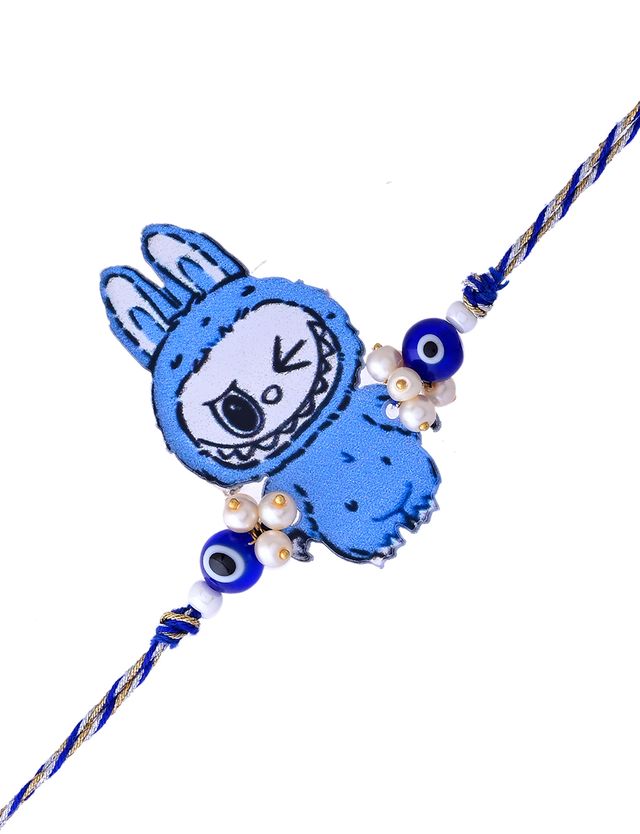 Blue Cartoon Winking Bunny Bracelet with Evil Eye Beads (Rakhi is included with Roli Chawal & Greetings Card)