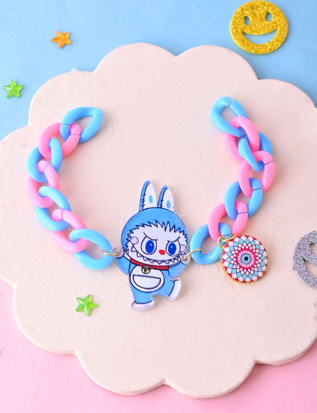 Blue & Pink Bunny Cartoon Bracelet with Evil Eye Charm (Rakhi is included with Roli Chawal & Greetings Card)