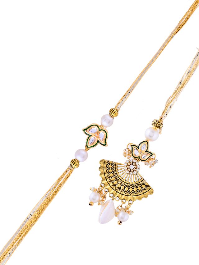 Festive Pearl Drop Rakhi Set with Elegant Kundan Charm – Rakhi is included with Roli Chawal & Greetings Card