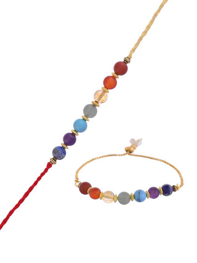 Handcrafted Ethnik 7 Chakra Stone Bhaiya Bhabhi Rakhi Gift Set – Rakhi is included with Roli Chawal & Greetings Card