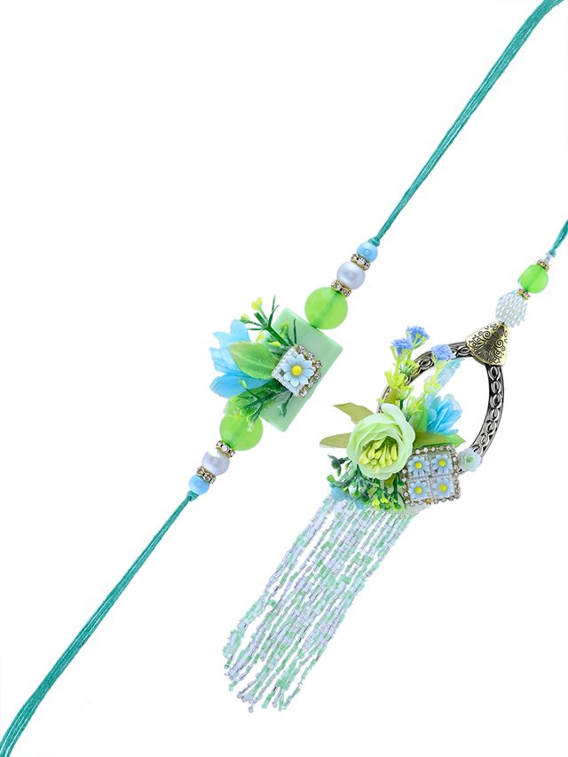 Mint Bloom Bhaiya Bhabhi Rakhi Set with Beaded Tassels and Green Floral Motif – Rakhi is included with Roli Chawal & Greetings Card