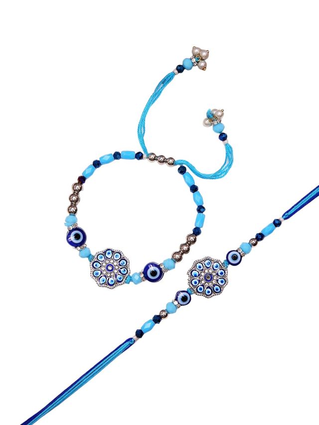 Artisanal Bhaiya Bhabhi Evil Eye Rakhi Set with Mosaic Floral Accents – Rakhi is included with Roli Chawal & Greetings Card