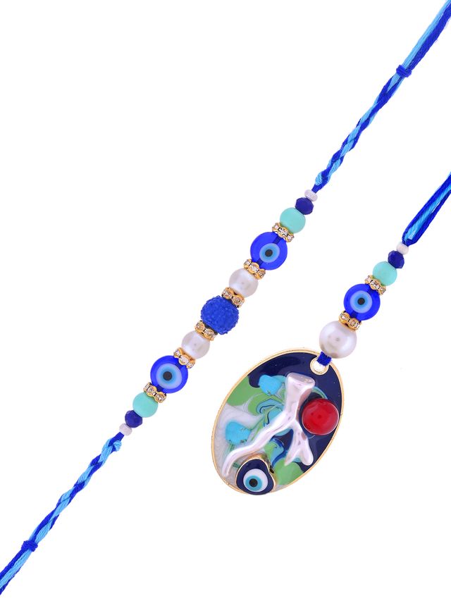 Evil Eye Oval Ceramic Bhaiya Bhabhi Rakhi Set – Rakhi is included with Roli Chawal & Greetings Card