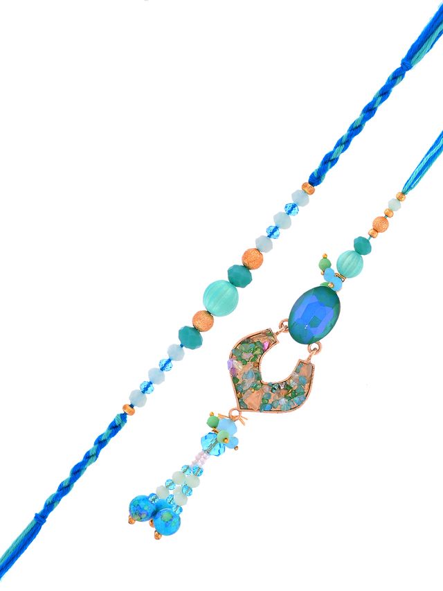 Bhaiya Bhabhi Rakhi Set with Aqua Stones and Tassels – Rakhi is included with Roli Chawal & Greetings Card