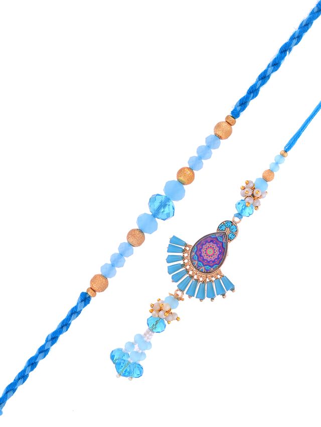 Handcrafted Bhaiya Bhabhi Rakhi Set with Fan Tassels and Aqua Beads – Rakhi is included with Roli Chawal & Greetings Card
