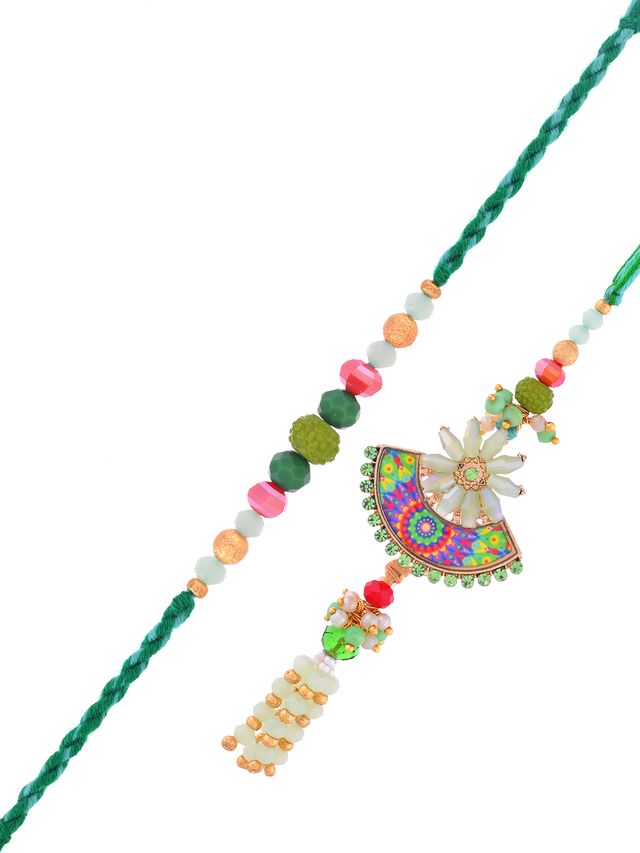 Designer Lumba Rakhi for Bhabhi (Blue & Gold) – Rakhi is included with Roli Chawal & Greetings Card