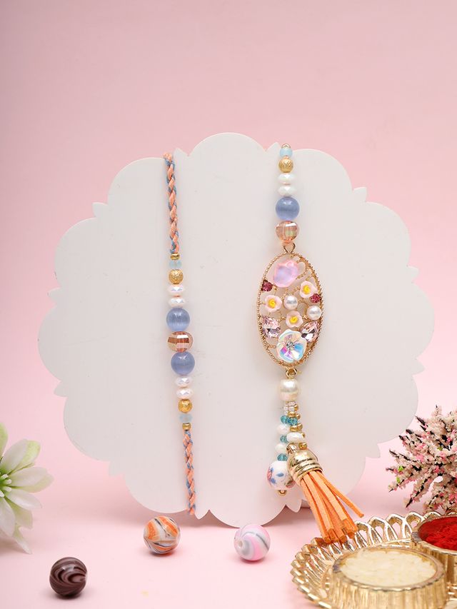 Handmade Bhaiya Bhabhi Rakhi with Soft Pastel Glam Touch – Rakhi is included with Roli Chawal & Greetings Card