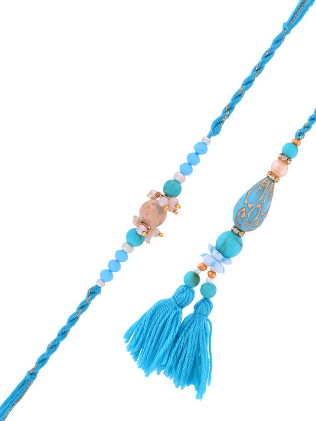 Handcrafted Rakhi Set with Blue Threadwork and Teardrop Beads – Rakhi is included with Roli Chawal & Greetings Card