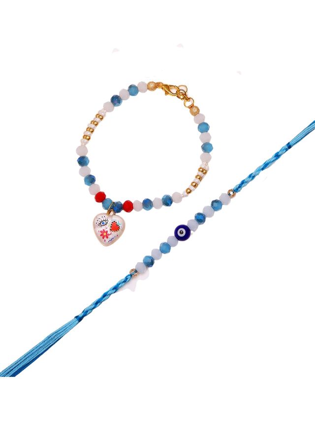 Elegant Bhaiya Bhabhi Rakhi Set With Heart Charm And Boho Evil Eye Thread – Rakhi is included with Roli Chawal & Greetings Card