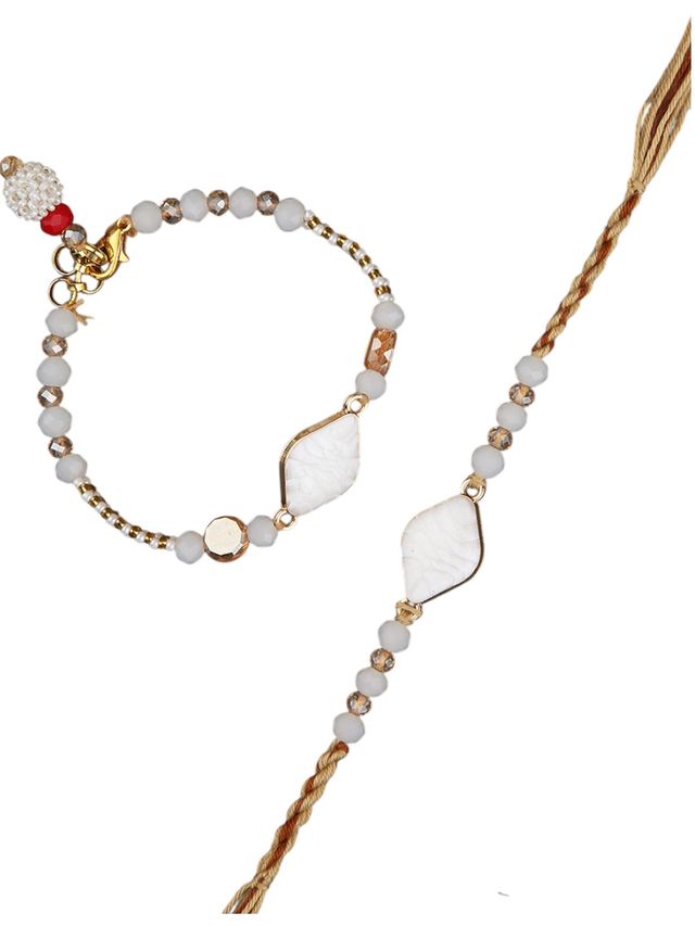 Bhaiya Bhabhi Rakhi Set With Ivory Stone Motifs And Gold Embellished Thread – Rakhi is included with Roli Chawal & Greetings Card