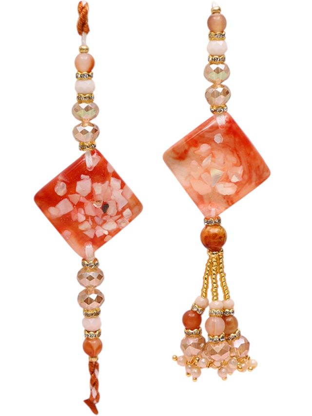 Amber Charm Rakhi Set with Resin Blocks and Festive Tassel – Rakhi is included with Roli Chawal & Greetings Card