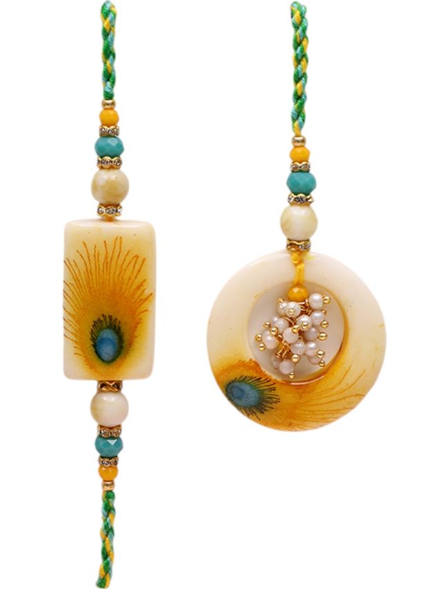 Handcrafted Bhaiya Bhabhi Rakhi with Mayur Feather Detailing – Rakhi is included with Roli Chawal & Greetings Card