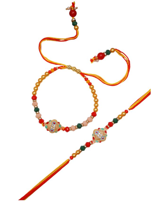 Heritage Rakhi Combo With Red Yellow Mauli And Royal Kundan Motifs – Rakhi is included with Roli Chawal & Greetings Card