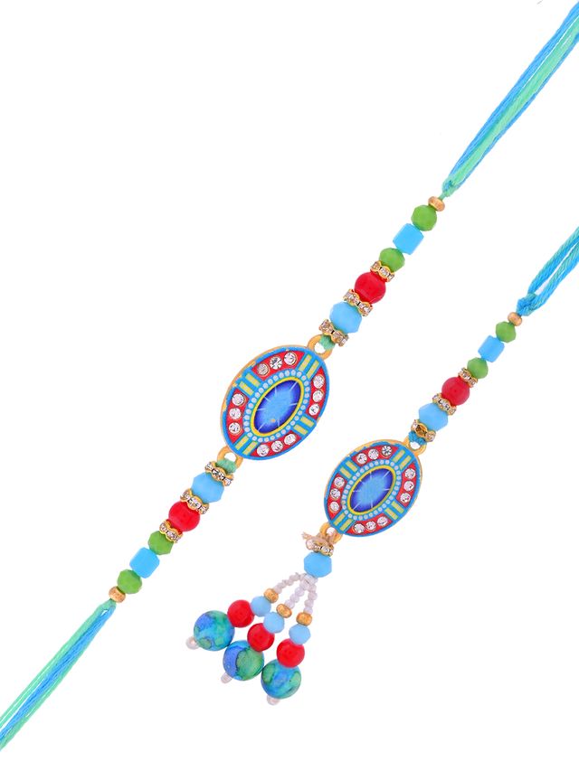 Vibrant Blue Bhaiya Bhabhi Rakhi Set With Art Deco Inspired Oval Motifs – Rakhi is included with Roli Chawal & Greetings Card