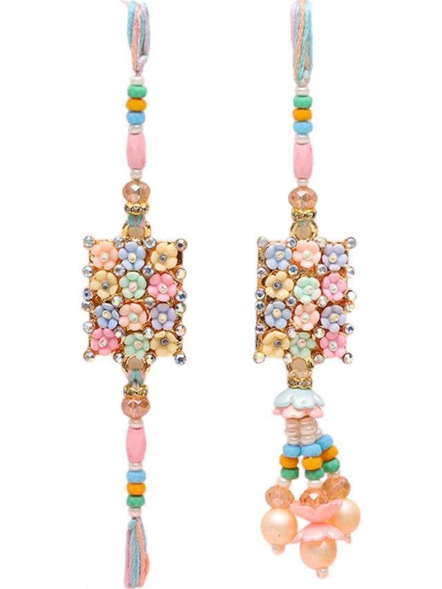 Phoolon Wali Rakhi Set with Pastel Pearls and Beaded Tassel – Rakhi is included with Roli Chawal & Greetings Card