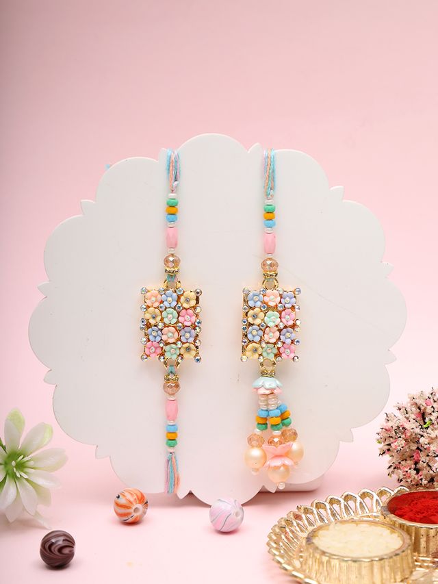 Boho Chic Bhaiya Bhabhi Rakhi with Ceramic Heart & Suraksha Charm – Rakhi is included with Roli Chawal & Greetings Card