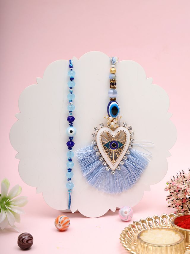 Statement Bhaiya Bhabhi Evil Eye Rakhi Set With Mandala Charm And Tassels – Rakhi is included with Roli Chawal & Greetings Card