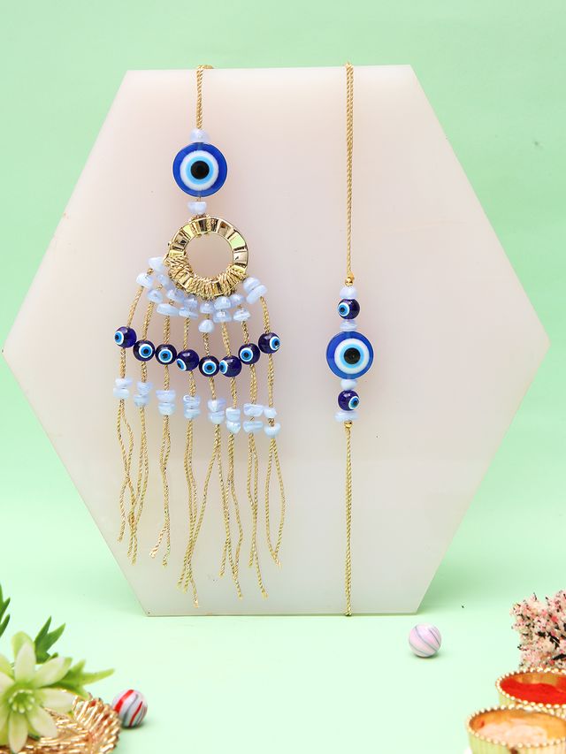 Festive Rakhi Combo With Statement Evil Eye Rakhi And Designer Tassel Lumba – Rakhi is included with Roli Chawal & Greetings Card
