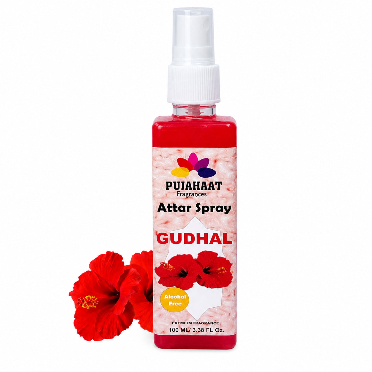 Pujahaat Premium Attar Spray | 100 ml Non Alcoholic Spray | Religious Mist | Air Freshener, Room Mist, Fabric & Linen Spray | Perfect for Prayers Rooms, Living Room, sofas, curtains, car - Gudhal Phool