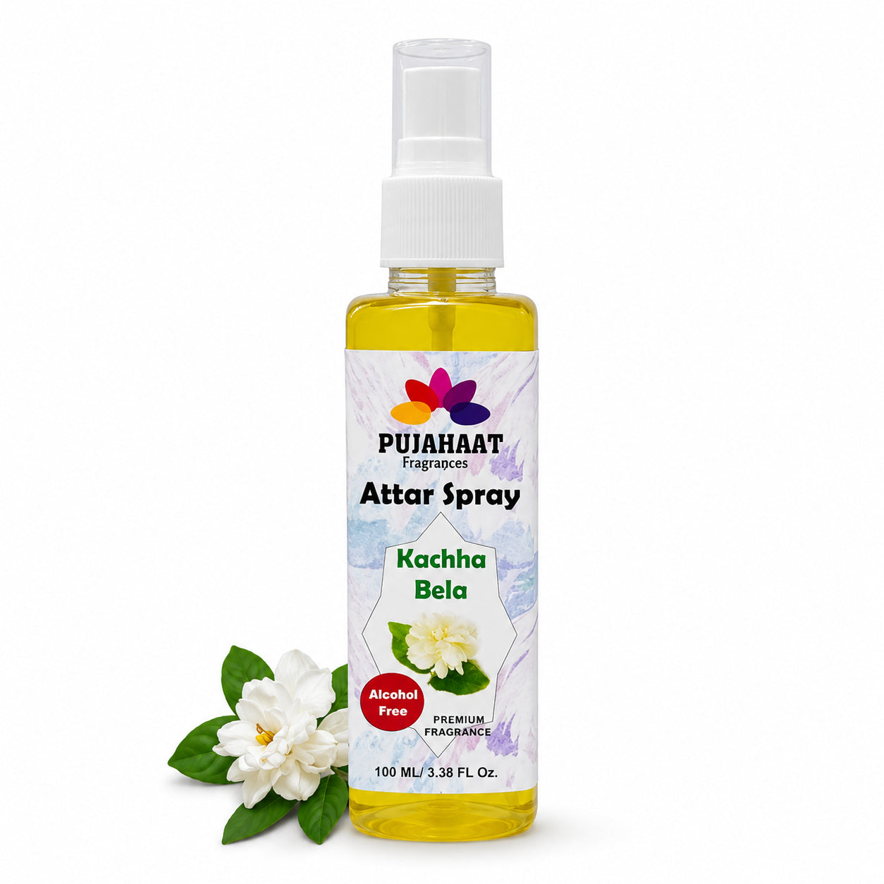 Kachha Bela Attar Spray by Pujahaat | 100ml Non Alcoholic Spray | Religious Mist | Air Freshener, Room Mist, Fabric & Linen Spray | Perfect for Prayers Rooms, Living Room, sofas, curtains, car