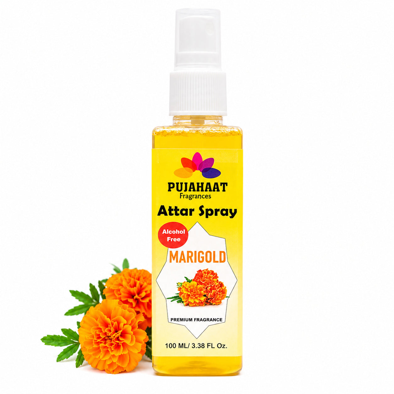 Marigold Flower (Genda) Attar Spray by Pujahaat | 100ml Non Alcoholic Spray | Religious Mist | Air Freshener, Room Mist, Fabric & Linen Spray | Perfect for Prayers Rooms, Living Room, sofas, curtains, car