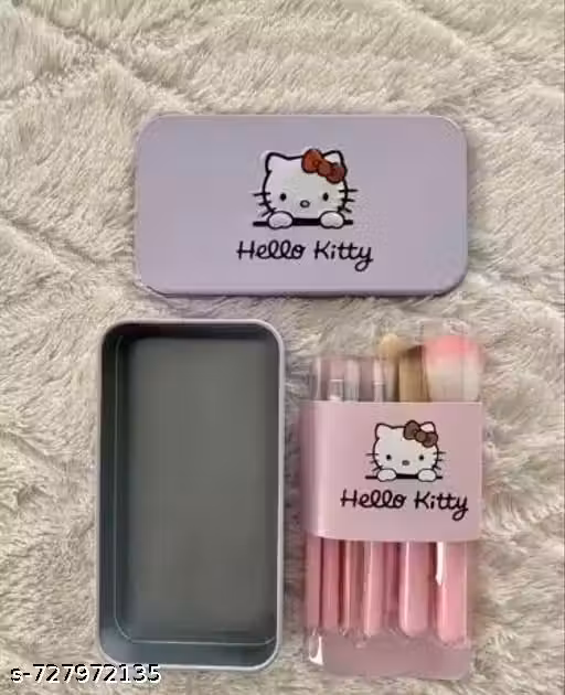 HELLO KITTY PINK BRUSHES SET 7pc Makeup Brush Set in Travel-Friendly BoxX Soft Bristle Makeup Mini Brush Kit With Hello Kitty Print Storage boxxxx Blender | Makeup Blending Brushes Set of 7 - Pink