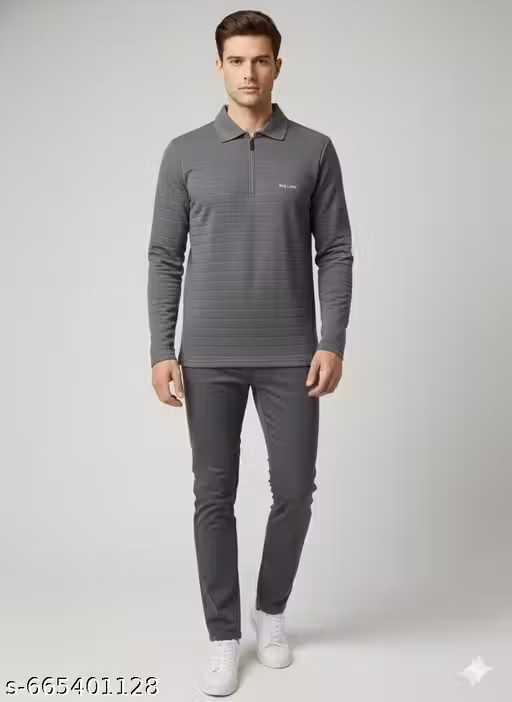 T-Shirt for Men Striped Polo Neck Full Sleeve Trendy Casual Wear